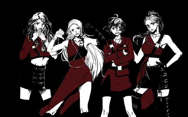 Anime picture 4800x3000 with fire emblem fire emblem: three houses nintendo edelgard von hresvelg dorothea arnault bernadetta von varley petra macneary chabing05410 long hair looking at viewer fringe highres short hair hair between eyes standing multiple girls absurdres ponytail arms up midriff