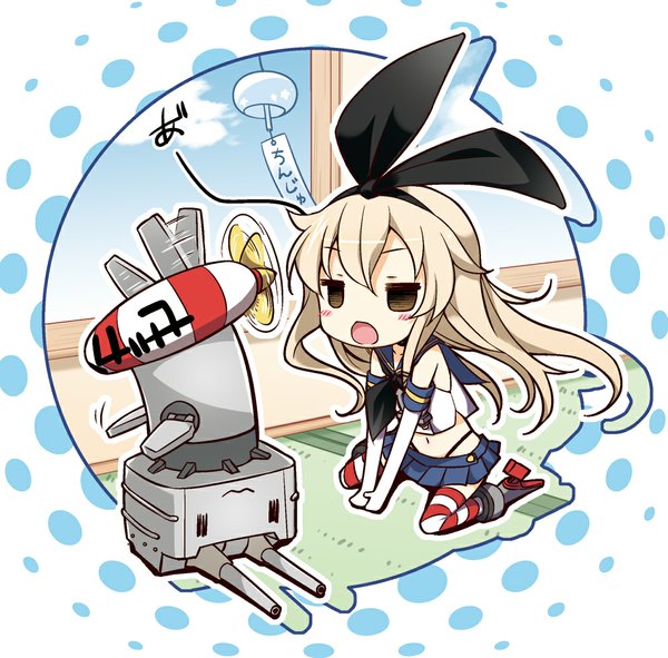 Anime picture 1000x986 with kantai collection shimakaze destroyer rensouhou-chan yume no owari long hair open mouth blonde hair sitting brown eyes :3 upside down girl thighhighs gloves navel ribbon (ribbons) hair ribbon elbow gloves striped thighhighs fan