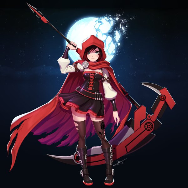 Anime picture 6000x6000 with rwby rooster teeth ruby rose uyalago single looking at viewer highres breasts black hair standing holding signed absurdres full body red hair long sleeves multicolored hair light smile night two-tone hair