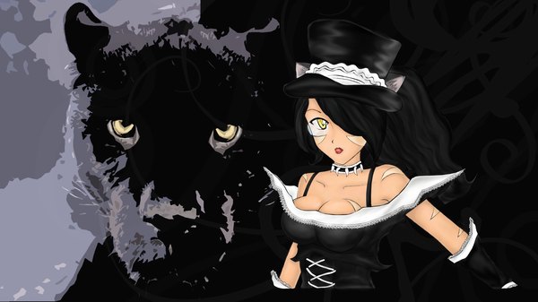 Anime picture 1920x1080 with league of legends nidalee (league of legends) imagicalcookie single long hair looking at viewer fringe highres breasts black hair wide image large breasts yellow eyes hair over one eye maid tattoo girl headdress panther
