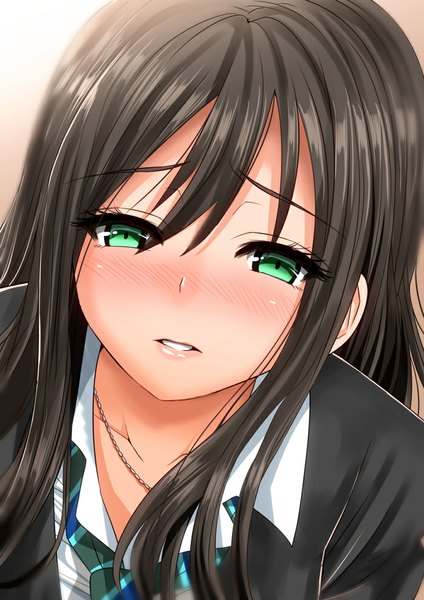 Anime picture 700x990 with idolmaster idolmaster cinderella girls shibuya rin inu (marukome) single long hair tall image looking at viewer blush fringe simple background brown hair green eyes parted lips from above sunlight embarrassed shiny skin portrait open collar