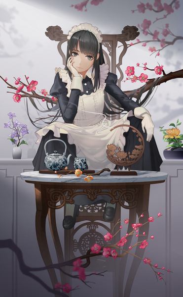 Anime picture 1669x2700 with original zdo-zwei single long hair tall image looking at viewer fringe black hair sitting payot full body blunt bangs long sleeves black eyes maid puffy sleeves smoke head rest plum blossoms girl