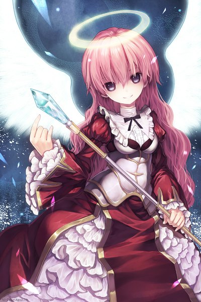 Anime picture 667x1000 with original capriccio single long hair tall image looking at viewer blue eyes smile pink hair girl dress wings halo staff