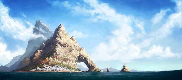 Anime picture 1600x711 with original aspeckofdust (artist) wide image sky cloud (clouds) city mountain landscape rock water