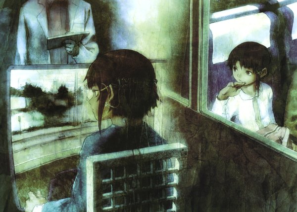 Anime picture 2230x1600 with serial experiments lain iwakura lain highres sitting multiple girls head tilt girl hair ornament 2 girls window hairclip chair hands computer