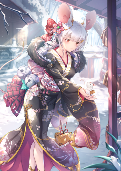 Anime picture 955x1351 with original yue ying jin feng single long hair tall image blush breasts smile red eyes standing holding animal ears payot looking away silver hair outdoors tail traditional clothes japanese clothes animal tail