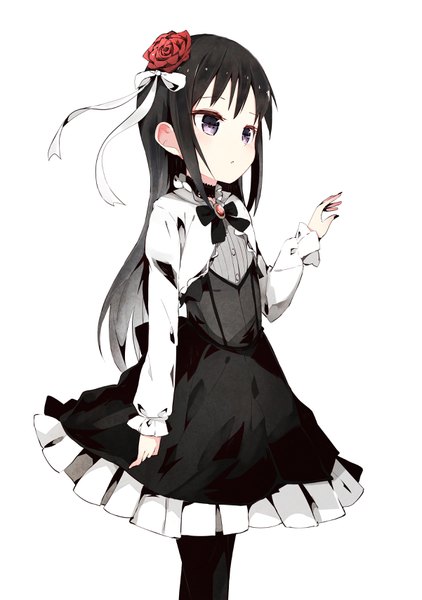 Anime picture 2404x3421 with kantai collection asashio destroyer daiyamaimo single long hair tall image fringe highres black hair simple background standing white background payot looking away arm up hair flower :o grey eyes loli alternate costume