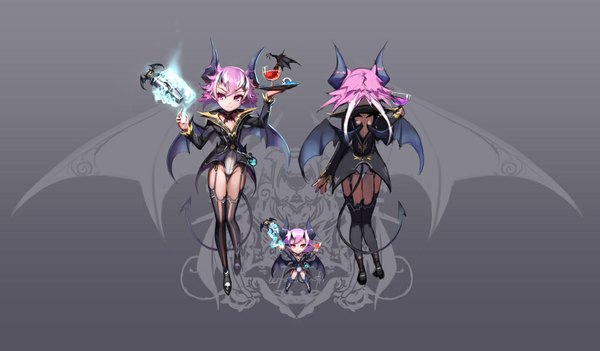 Anime picture 1041x609 with original pixiv fantasia pixiv fantasia t observerz single fringe short hair light erotic simple background wide image looking away pink hair tail pink eyes horn (horns) from behind grey background magic demon girl chibi
