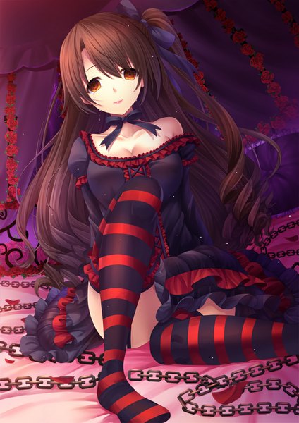 Anime picture 707x1000 with idolmaster idolmaster cinderella girls shimamura uzuki toshi (1-147) single long hair tall image looking at viewer brown hair one side up drill hair girl thighhighs dress ribbon (ribbons) hair ribbon chain striped thighhighs