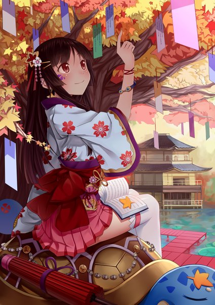 Anime picture 2480x3507 with original ling si long hair tall image fringe highres smile hair between eyes brown hair sitting brown eyes outdoors traditional clothes japanese clothes pleated skirt facial mark looking up autumn lake tanabata