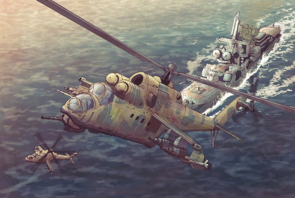 Anime picture 1500x1011 with original earasensha flying military weapon sea gun aircraft watercraft ship helicopter mi-24
