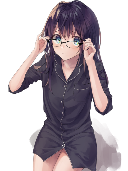 Anime picture 626x837 with original rimo single long hair tall image looking at viewer blush fringe blue eyes black hair simple background hair between eyes white background sitting twisty sleeves adjusting glasses girl shirt glasses buttons
