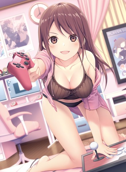 Anime picture 1404x1920 with dengeki moeou yoshino ryou single long hair tall image looking at viewer blush fringe breasts open mouth light erotic smile brown hair large breasts bare shoulders holding brown eyes cleavage full body indoors