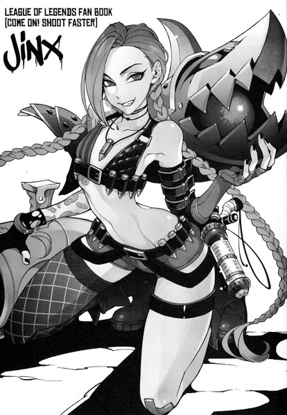 Anime picture 1200x1738 with league of legends jinx (league of legends) fp (artist) single tall image looking at viewer simple background smile white background braid (braids) very long hair twin braids monochrome girl thighhighs shorts single thighhigh