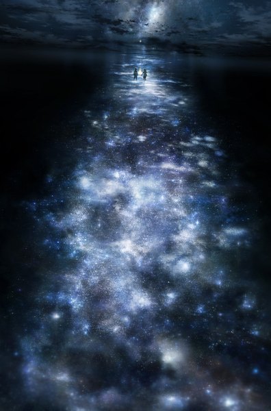 Anime picture 1400x2117 with original iy (tsujiki) tall image short hair standing cloud (clouds) full body from above from behind night night sky reflection running milky way girl boy water star (stars)
