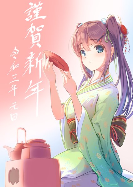 Anime picture 2508x3542 with original fujinomiya reicho single long hair tall image looking at viewer blush fringe highres blue eyes hair between eyes brown hair sitting twintails traditional clothes japanese clothes new year seiza nengajou girl