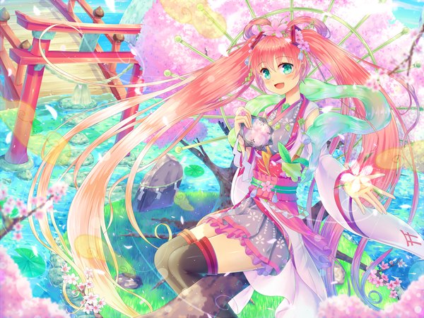 イラスト 1300x975 と ボーカロイド 初音ミク 桜ミク 宇都宮 ソロ 赤面 開いた口 青い目 ツインテール ピンク髪 very long hair hair flower 桜 女の子 ストッキング ドレス 髪飾り 花 黒ストッキング 植物