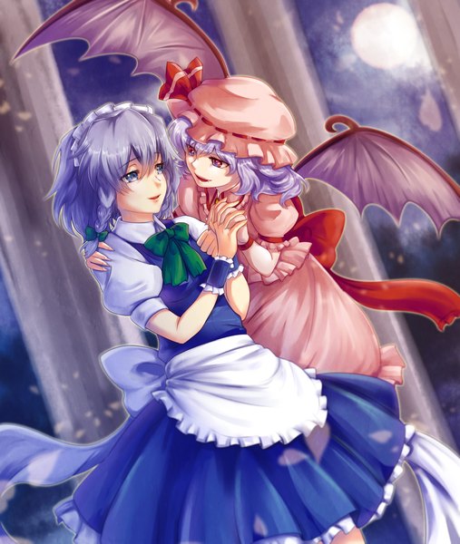 Anime picture 2000x2367 with touhou remilia scarlet izayoi sakuya karo karo tall image highres short hair open mouth blue eyes smile purple eyes multiple girls purple hair braid (braids) maid holding hands girl dress 2 girls petals