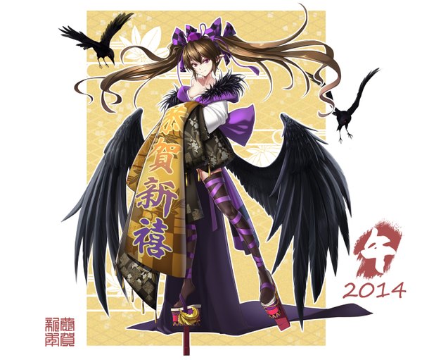 Anime picture 1417x1209 with touhou himekaidou hatate shinebell single long hair looking at viewer brown hair purple eyes twintails traditional clothes japanese clothes zettai ryouiki black wings girl thighhighs ribbon (ribbons) black thighhighs hair ribbon hat animal