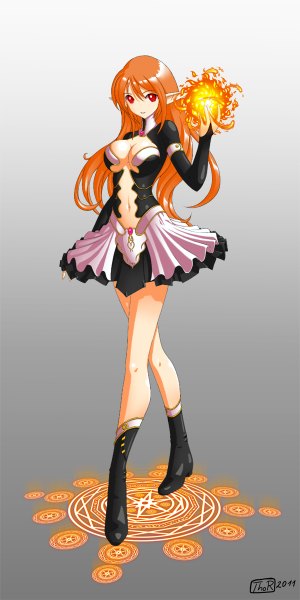 Anime picture 600x1200 with evilflesh (artist) single long hair tall image looking at viewer breasts light erotic simple background red eyes cleavage pointy ears orange hair legs magic girl dress navel