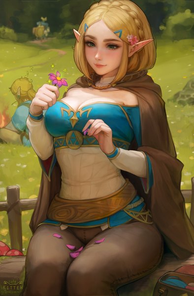 Anime picture 4029x6136 with the legend of zelda the legend of zelda: tears of the kingdom nintendo princess zelda link daria leonova tall image blush highres short hair breasts light erotic blonde hair sitting holding green eyes signed looking away absurdres bent knee (knees)