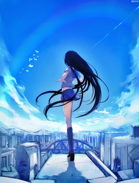 Anime picture 950x1250 with original nekoya (liu) single tall image light erotic black hair standing signed sky cloud (clouds) full body outdoors very long hair pleated skirt from behind short sleeves pantyshot lens flare city spread arms