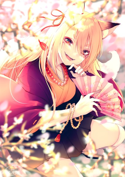 Anime picture 1417x2000 with original chita (ketchup) single long hair tall image fringe open mouth blonde hair smile hair between eyes red eyes holding animal ears tail traditional clothes :d japanese clothes animal tail blurry fang (fangs)