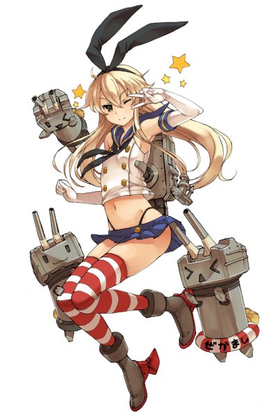 Anime picture 800x1241 with kantai collection shimakaze destroyer rensouhou-chan yanagida long hair tall image looking at viewer breasts simple background blonde hair smile white background one eye closed wink grey eyes victory flat chest jumping > < girl