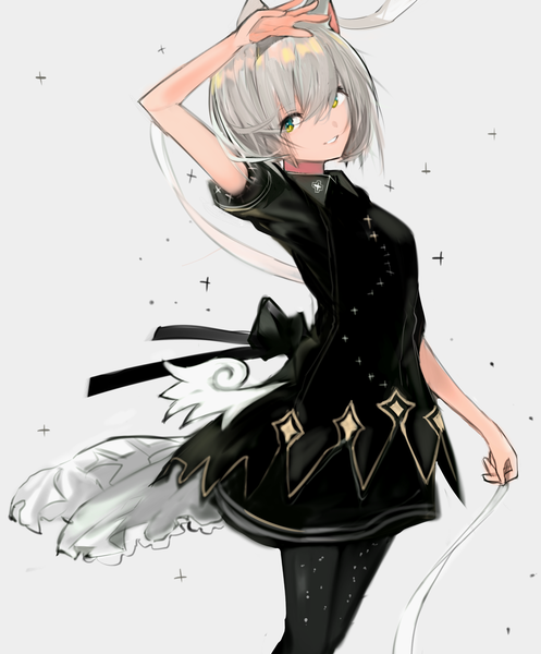 Anime picture 2400x2894 with original tarbo (exxxpiation) single tall image fringe highres short hair breasts simple background smile hair between eyes standing holding green eyes animal ears looking away parted lips head tilt grey hair grey background