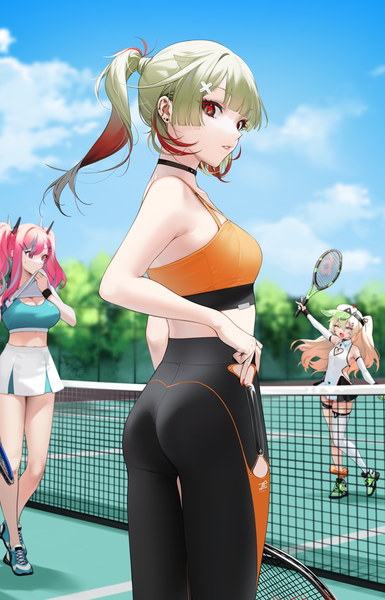 Anime picture 1437x2241 with azur lane bremerton (azur lane) bremerton (scorching-hot training) (azur lane) giuseppe garibaldi (azur lane) bache (azur lane) bache (showy sports star) (azur lane) ohisashiburi long hair tall image looking at viewer fringe breasts open mouth blonde hair red eyes standing twintails bare shoulders multiple girls holding