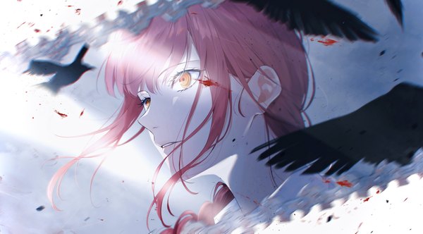 Anime picture 4096x2268 with chainsaw man mappa makima (chainsaw man) hama m single long hair highres wide image payot looking away pink hair absurdres braid (braids) orange eyes single braid blood stains girl animal bird (birds) blood