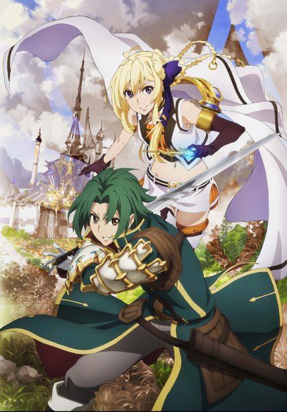 Anime picture 3733x5361 with grancrest senki a-1 pictures siluca meletes theo cornaro yakou hiroshi long hair tall image looking at viewer highres short hair blonde hair purple eyes brown eyes absurdres cloud (clouds) green hair official art midriff girl boy
