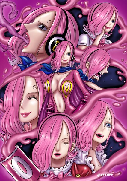 Anime picture 848x1200 with one piece toei animation vinsmoke reiju stt0tr tall image looking at viewer fringe short hair breasts open mouth light erotic smile large breasts signed looking away pink hair cleavage eyes closed profile lips