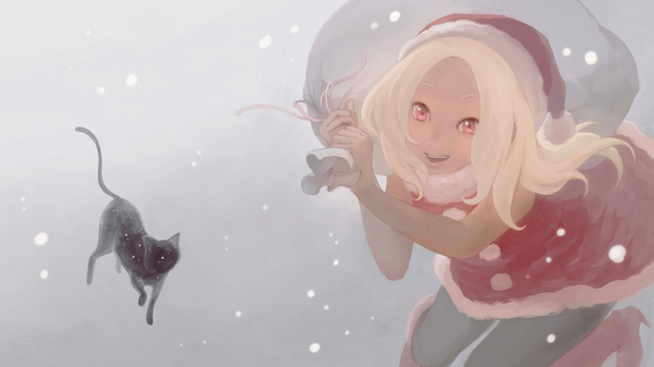 Anime picture 2919x1642 with gravity daze kat (gravity daze) dusty (gravity daze) single long hair highres open mouth simple background blonde hair red eyes wide image white background holding bent knee (knees) high heels fur trim snowing christmas winter snow