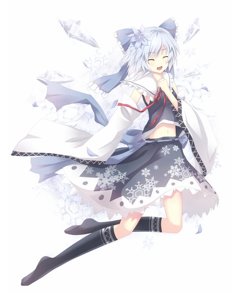 Anime picture 1500x1900 with touhou cirno samegami single tall image short hair open mouth simple background white background white hair eyes closed midriff miko snowflake print hakurei reimu (cosplay) girl navel bow hair bow detached sleeves