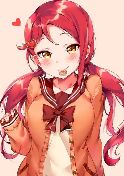 Anime picture 1500x2121 with love live! sunshine!! love live! school idol festival sunrise (studio) love live! sakurauchi riko tem10 single long hair tall image looking at viewer blush smile white background twintails holding yellow eyes upper body red hair mouth hold low twintails