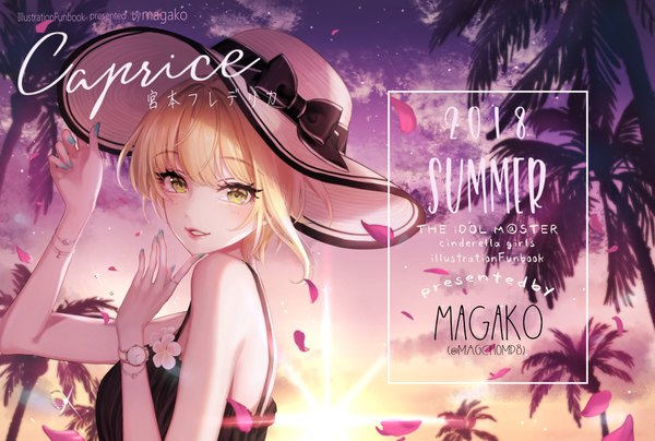 Anime picture 900x607 with idolmaster idolmaster cinderella girls miyamoto frederica magako single looking at viewer blush fringe short hair blonde hair hair between eyes signed yellow eyes sky cloud (clouds) upper body outdoors nail polish parted lips fingernails