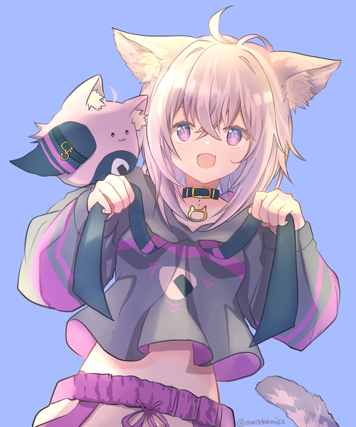Anime picture 2000x2400 with virtual youtuber hololive nekomata okayu nekomata okayu (1st costume) marekamico single tall image looking at viewer fringe highres short hair open mouth simple background hair between eyes purple eyes signed animal ears purple hair ahoge tail