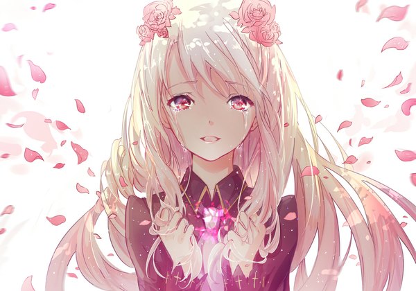 Anime picture 1000x700 with fate (series) fate/stay night illyasviel von einzbern kinokohime single long hair looking at viewer fringe open mouth white hair pink eyes hair flower tears girl hair ornament flower (flowers) petals rose (roses)
