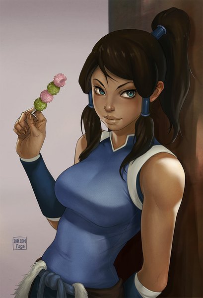 Anime picture 700x1026 with avatar: the legend of korra korra dandon fuga single long hair tall image breasts blue eyes signed looking away ponytail lips realistic girl food wagashi dango