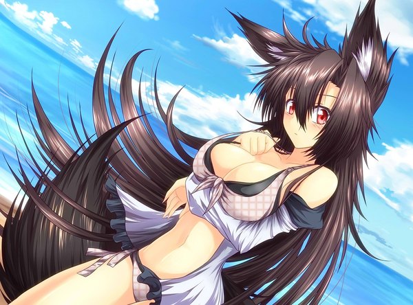 Anime picture 1120x830 with touhou imaizumi kagerou g (desukingu) long hair looking at viewer blush fringe light erotic black hair hair between eyes red eyes bare shoulders animal ears sky cloud (clouds) tail head tilt animal tail bare belly bare legs