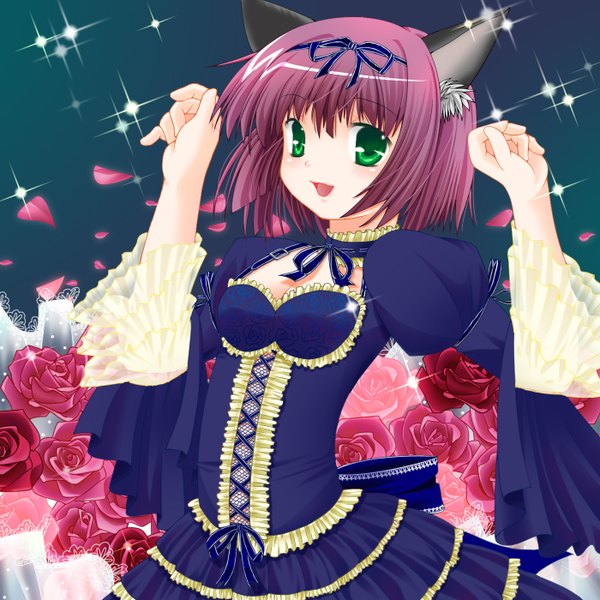 Anime picture 1400x1400 with original mami (hanyumaru) single short hair open mouth green eyes animal ears purple hair cat ears sparkle girl dress flower (flowers) ribbon (ribbons) hair ribbon rose (roses) red rose