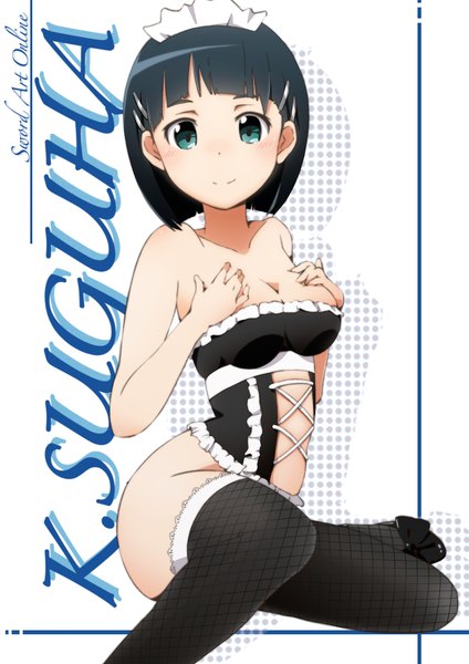 Anime picture 1000x1414 with sword art online a-1 pictures kirigaya suguha suzumeko tall image looking at viewer blush short hair blue eyes light erotic black hair smile maid girl thighhighs black thighhighs headdress maid headdress