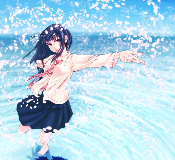 Anime picture 1312x1200 with original kasou kasou single long hair looking at viewer fringe open mouth blue eyes blue hair sky barefoot bare legs spread arms girl skirt shirt petals water necktie