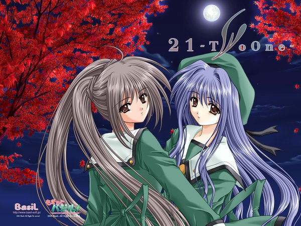 Anime picture 1600x1200 with 21 two one futami mio futami mao long hair brown hair brown eyes blue hair twins serafuku