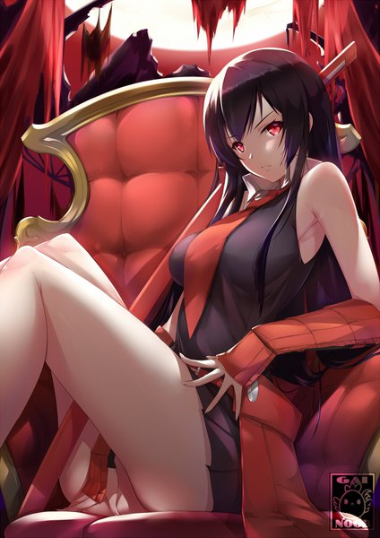 Anime picture 700x990 with akame ga kill! white fox akame (akame ga kill!) gainoob single long hair tall image looking at viewer blush fringe breasts light erotic black hair red eyes sitting bare shoulders signed payot bent knee (knees) parted lips