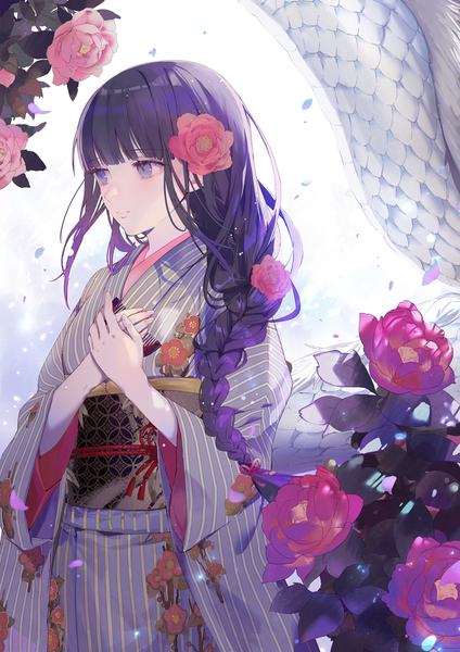 Anime picture 800x1131 with original yukisame single long hair tall image fringe black hair standing purple eyes payot looking away blunt bangs braid (braids) traditional clothes japanese clothes hair flower single braid girl flower (flowers) kimono
