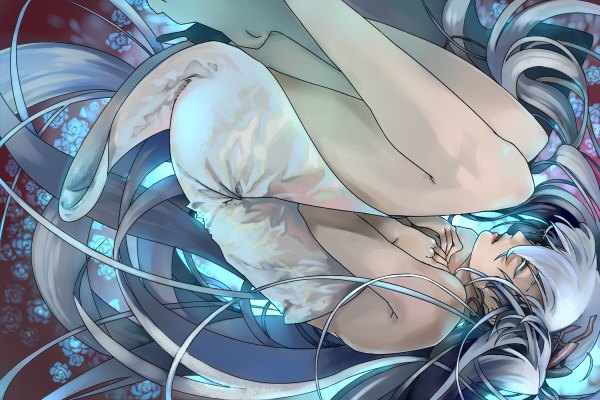 Anime picture 1200x800 with vocaloid hatsune miku yuki miku nemeko long hair twintails eyes closed grey hair legs girl rose (roses)