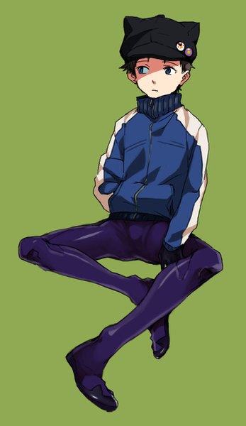 Anime picture 700x1209 with neon genesis evangelion rebuild of evangelion evangelion: 3.0 you can (not) redo gainax ikari shinji hosaka dx single tall image short hair blue eyes black hair simple background sitting looking away full body bent knee (knees) sleeves past wrists hand in pocket green background indian style