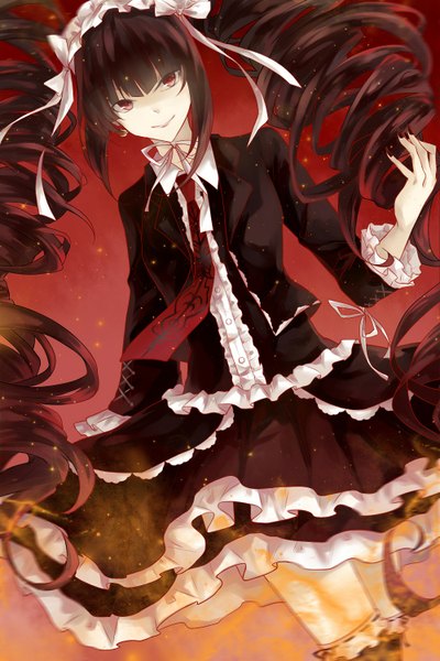 Anime picture 1000x1499 with dangan ronpa celestia ludenberg wensui single tall image looking at viewer black hair smile red eyes twintails very long hair drill hair girl dress necktie frills headdress
